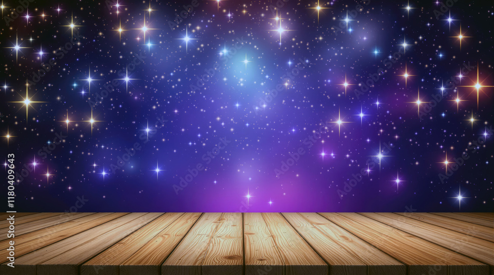 Starry night sky over wooden deck Perfect backdrop for magical product displays festive designs Starry night sky over wooden deck Perfect backdrop for magical product displays festive designs