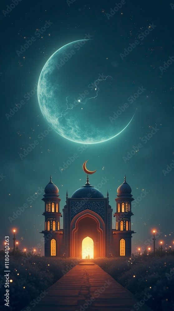 Naklejka premium Islamic Greeting Eid Mubarak Cards For Muslim Holidays.Eid-Ul-Adha Festival Celebration . Ramadan Kareem Background.Crescent Moon And Lantern Lightning In Sky