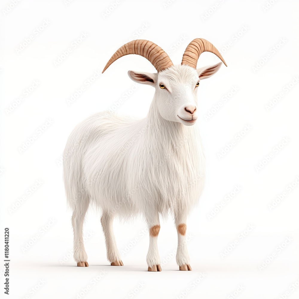 Obraz premium A cute white Cashmere goat with impressive horns, standing confidently in a bright, neutral space, showcasing its fluffy fur and playful expression.