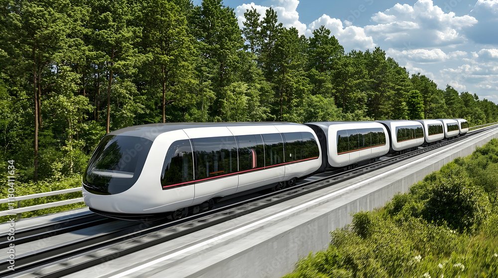 Naklejka premium Futuristic train glides through forest landscape.