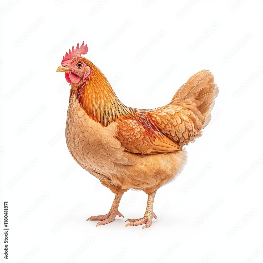 Fototapeta premium A detailed, realistic illustration of a Wyandotte chicken, showcasing its feathers and vibrant colors in a natural posture.
