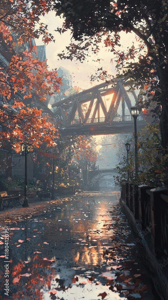Autumnal canal scene, city bridge sunrise, misty morning, fall leaves, urban tranquility, stock photo. Autumnal canal scene, city bridge sunrise, misty morning, fall leaves, urban tranquility, stock photo.
