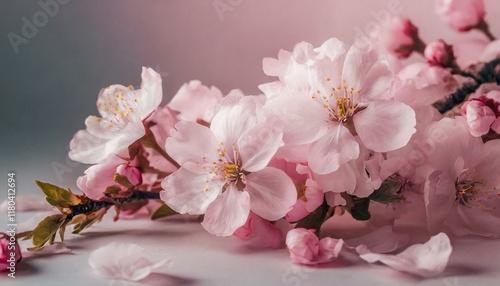 A top view 3D render of a pink podium display with sakura pink flowers falling, designed for cosmetic or beauty product promotions. The floral, pastel pedestal is presented in a flat lay