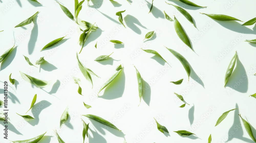 Fototapeta premium Scattered green leaves on white background.