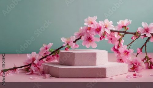 A top view 3D render of a pink podium display with sakura pink flowers falling, designed for cosmetic or beauty product promotions. The floral, pastel pedestal is presented in a flat lay