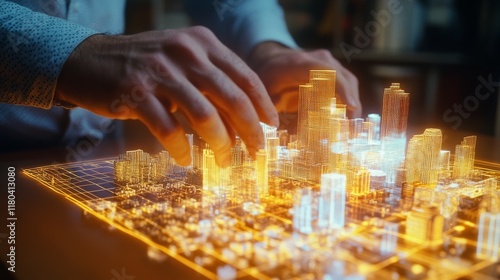 A holographic city emerges from a tabletop as hands manipulate the virtual landscape, merging the digital and physical worlds.