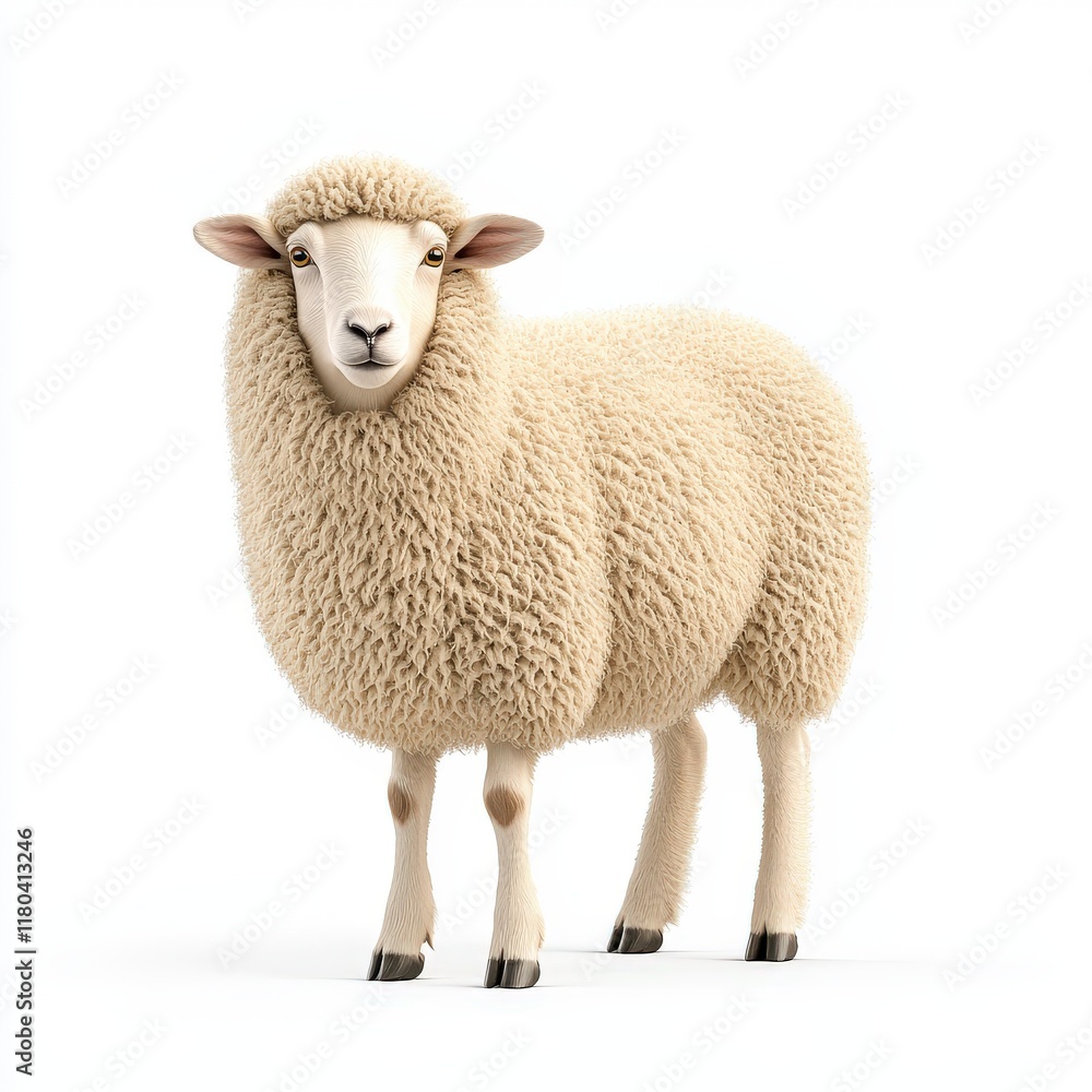 Fototapeta premium A fluffy, white Texel sheep standing gracefully, showcasing its soft fleece and endearing features in a calm setting.