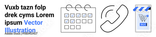 Calendar with checkmarks, phone receiver icon, mobile shopping app with cart. Ideal for project management, business communication, e-commerce, tech tutorials, marketing, online shopping, scheduling