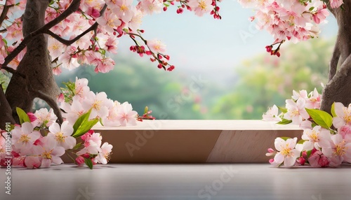 A top view 3D render of a pink podium display with sakura pink flowers falling, designed for cosmetic or beauty product promotions. The floral, pastel pedestal is presented in a flat lay