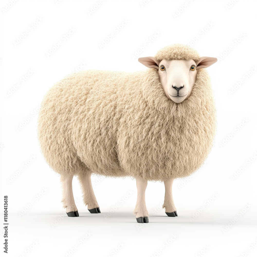 Fototapeta premium A fluffy, white Hampshire sheep stands confidently, showcasing its thick fleece and gentle demeanor in a clean, simple environment.