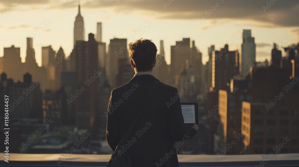 A silhouette stands on a rooftop, overlooking a city at sunset—a moment of reflection amidst the urban expanse and golden sky. A silhouette stands on a rooftop, overlooking a city at sunset—a moment of reflection amidst the urban expanse and golden sky.