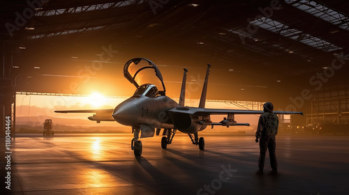 military fighter jet pilot beside parked military air force plane Generative AI