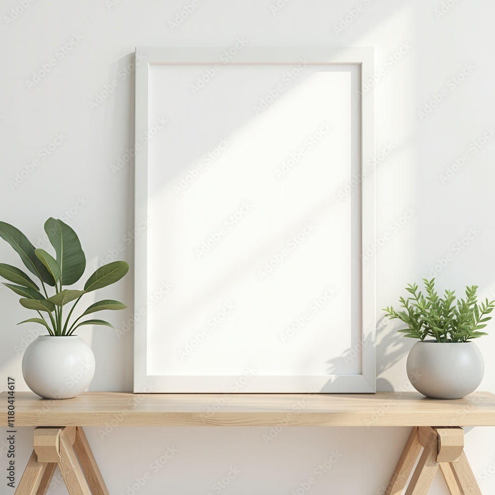 Mock Up Frame In Home Interior Background, White Room With Natural Wooden Table And Decor Mock Up Frame In Home Interior Background, White Room With Natural Wooden Table And Decor