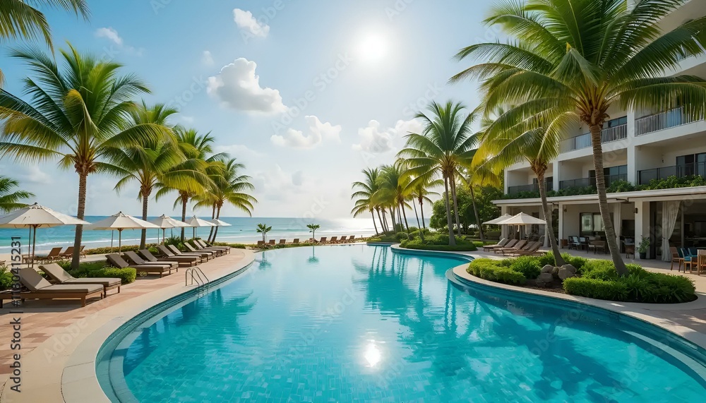 Fototapeta premium Tropical resort pool with palm trees and a sunny beach view for relaxing vacation vibes
