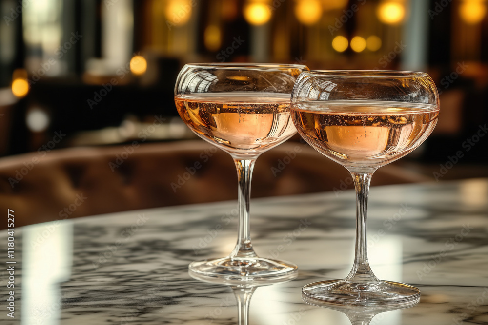 Set of two elegant champagne coupe glasses with rose sparkling wine Set of two elegant champagne coupe glasses with rose sparkling wine