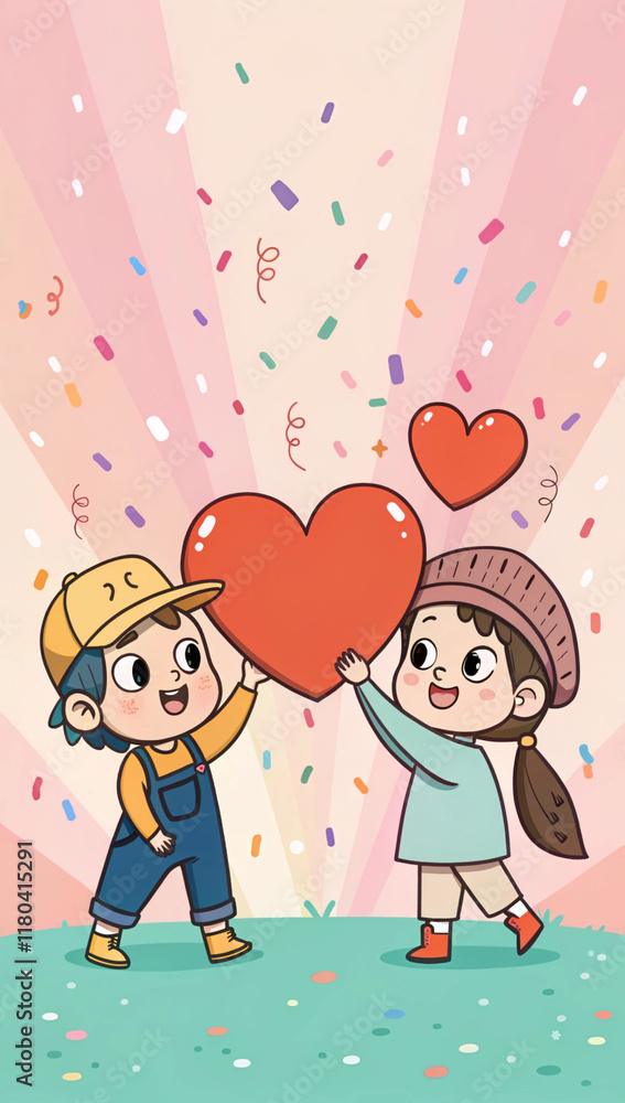 Fototapeta premium valentine's day, Two characters drawn in cartoon style holding giant hearts, background, AI generated