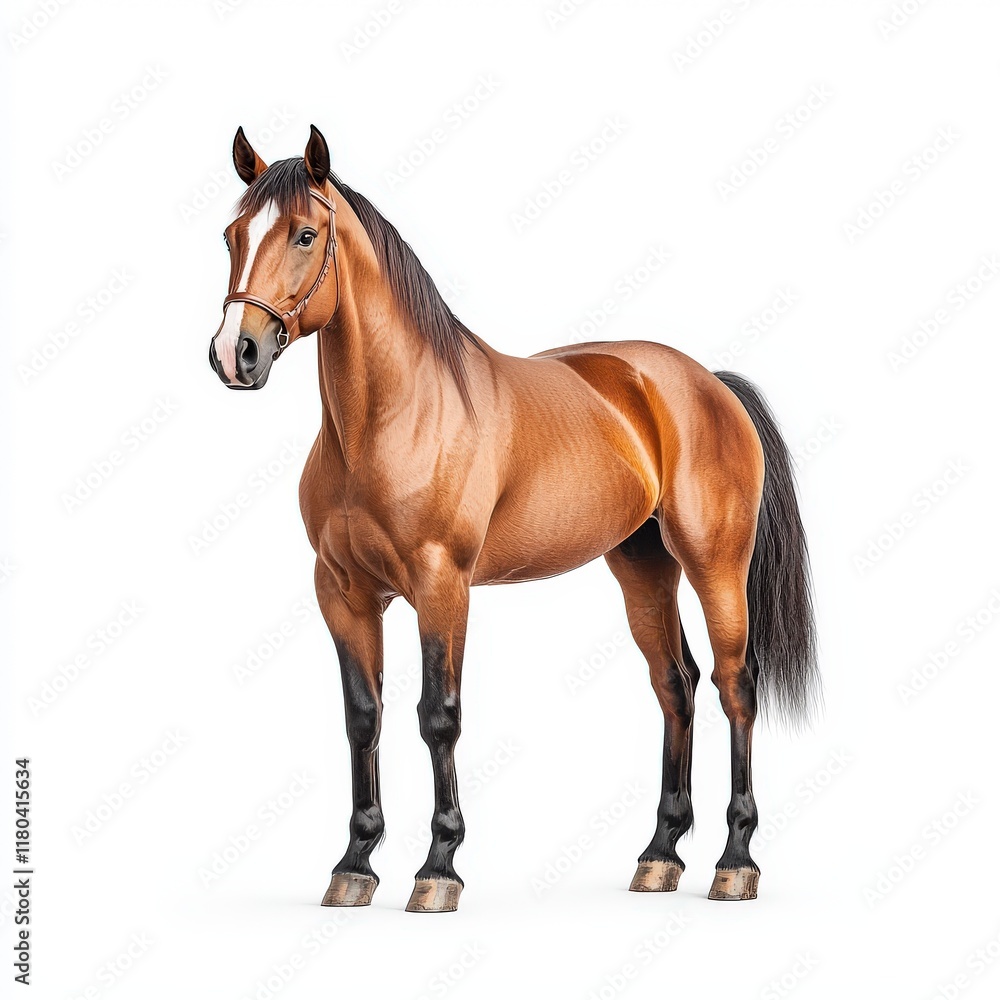 Naklejka premium A majestic brown Paso Fino horse standing confidently, showcasing its muscular physique and shiny coat in a studio setting.