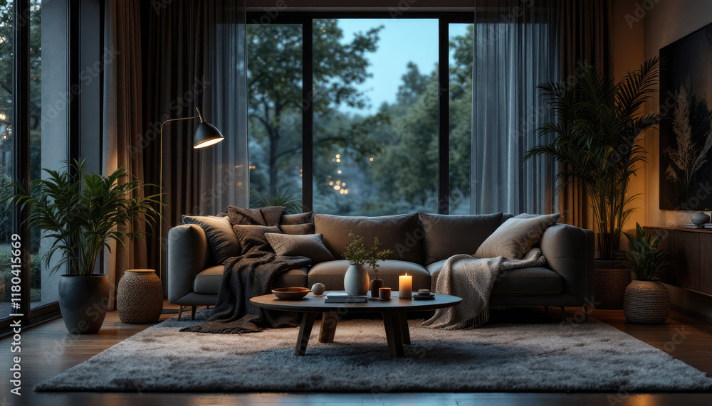 Cozy modern living room night with a large window, a sofa, a coffee table, and various decorative elements. Cozy modern living room night with a large window, a sofa, a coffee table, and various decorative elements.