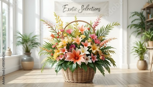 Beautiful watercolor floral arrangement in a basket on a sunny indoor background