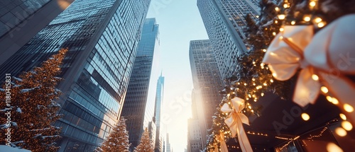 Snowy city street, festive lights, skyscrapers, winter