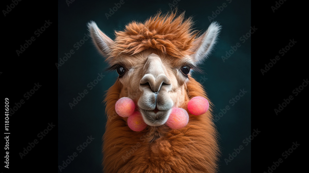 Playful Alpaca with Colorful Balls in a Studio Setting Playful Alpaca with Colorful Balls in a Studio Setting