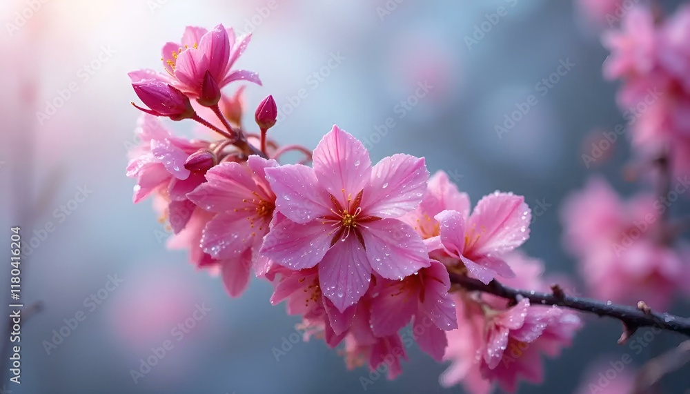 Gorgeous cherry blossoms adorned with dew drops basking in soft morning light against a dreamy background Gorgeous cherry blossoms adorned with dew drops basking in soft morning light against a dreamy background