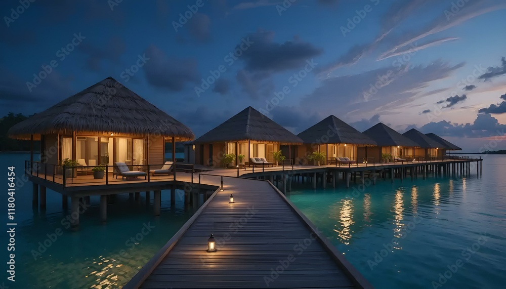 Obraz premium Luxury overwater bungalows at twilight with scenic pathway and ocean view