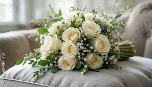 Elegant white rose bouquet with greenery arranged on soft sofa in bright room