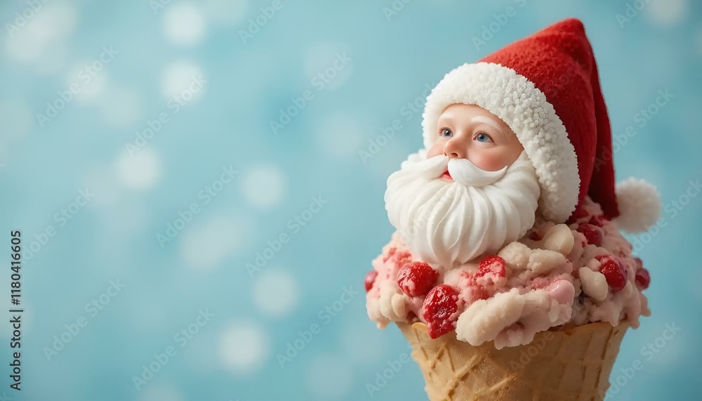 Festive Santa Claus figurine on ice cream cone against cheerful blue background Festive Santa Claus figurine on ice cream cone against cheerful blue background