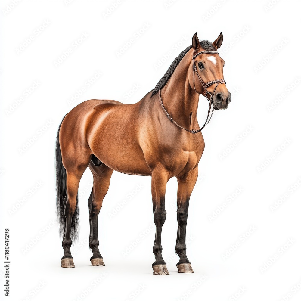 Fototapeta premium A majestic brown Oldenburg horse stands elegantly, showcasing its strength and grace in a serene environment.