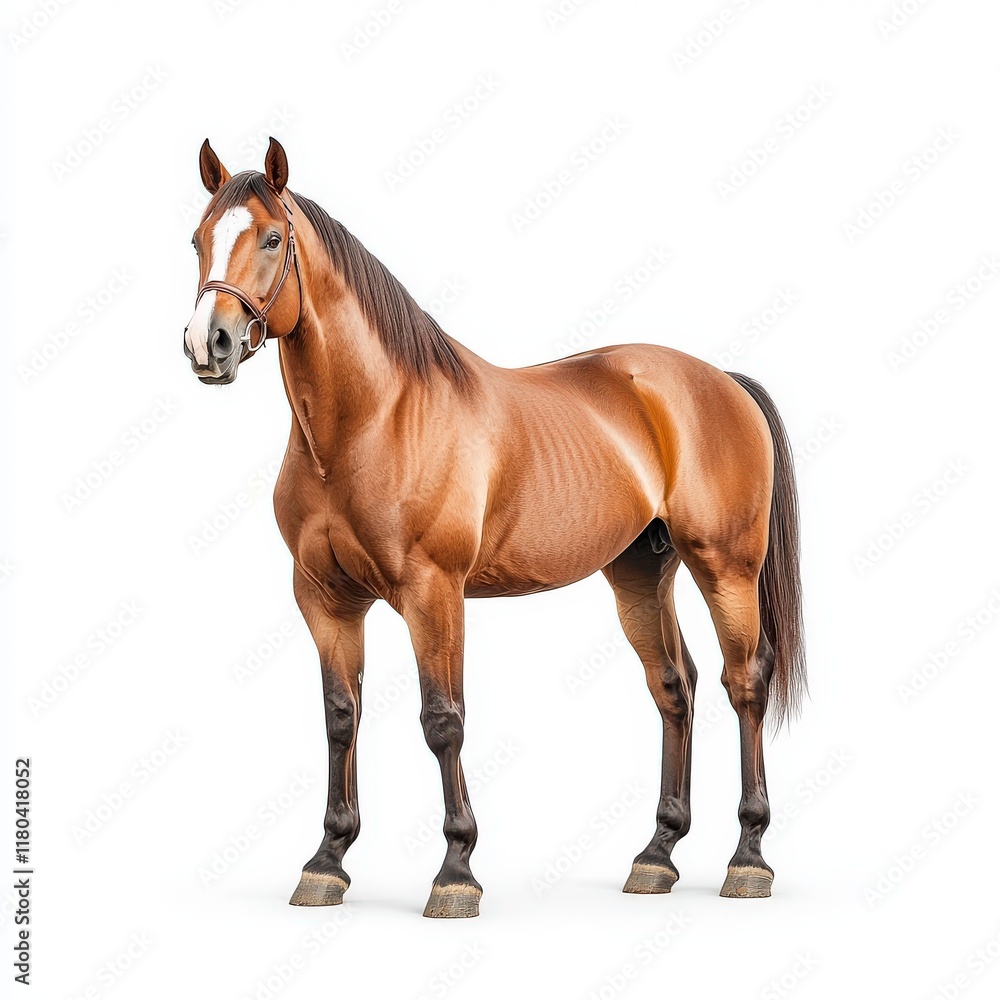 Fototapeta premium A majestic brown Hanoverian horse stands tall, showcasing its strength and elegance with a shiny coat and powerful build.