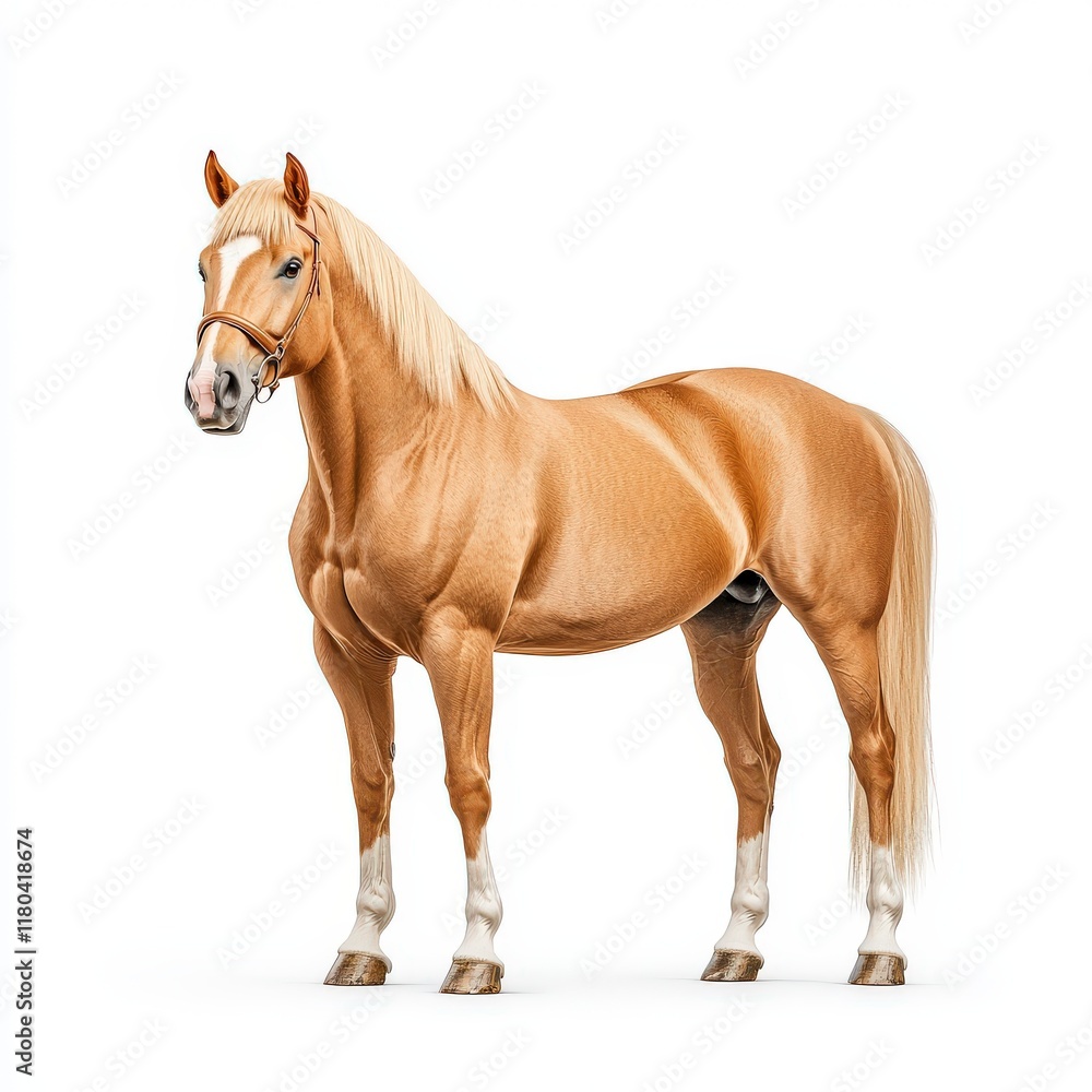 Obraz premium A majestic golden Missouri Fox Trotter horse stands gracefully, showcasing its strong physique and beauty in a studio setting.