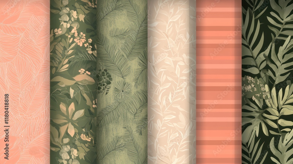 Six seamless patterns floral, leaf, stripe, and tropical designs in pastel peach and olive green. Six seamless patterns floral, leaf, stripe, and tropical designs in pastel peach and olive green.