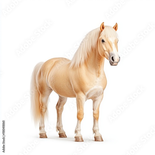 A majestic palomino Connemara Pony standing proudly, showcasing its beautiful golden coat and long flowing mane, evoking grace and strength.