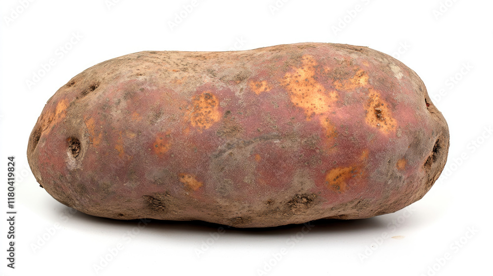 Single large russet potato with brown skin and some discoloration isolated on white background. Single large russet potato with brown skin and some discoloration isolated on white background.
