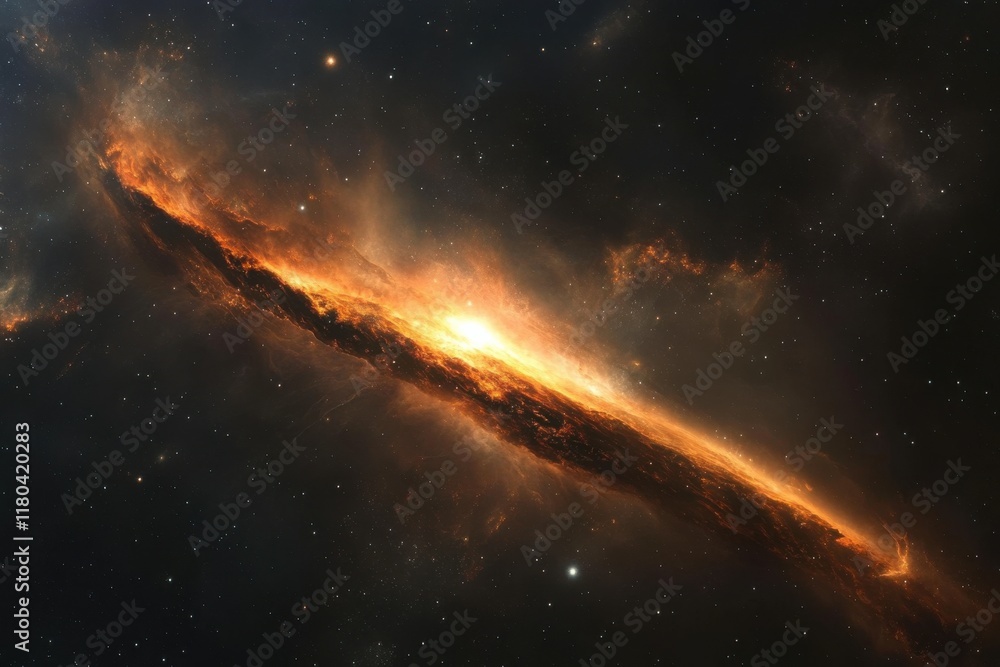 Fototapeta premium Fiery cosmic nebula, glowing orange and gold in the dark expanse of space.