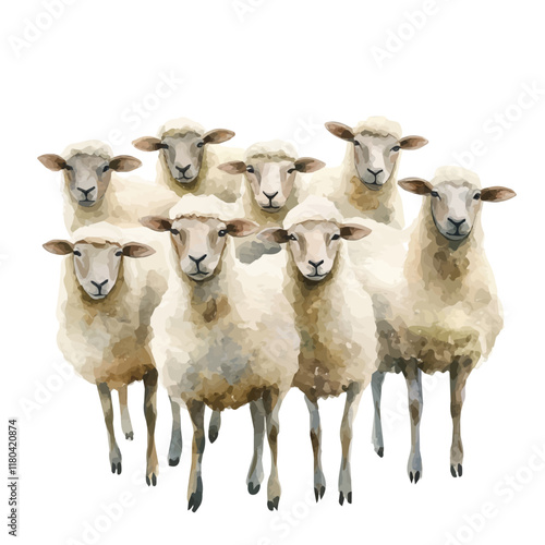 A watercolor vector of sheep standing in a flock, isolated on a white background. Sheep vector.
