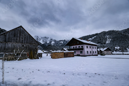 view of snowy village in German Fussen winter sunlight photo