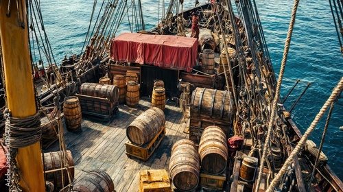 Vintage Wooden Ship Deck with Barrels and Sailor in Action photo