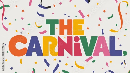 Colorful phrase Carnival written on a white background with falling confetti, concept of celebration and festivity