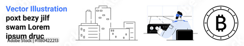 City skyscrapers, a technical professional at a computer with headset, and Bitcoin symbol. Ideal for fintech, digital currency, programming, blockchain development, tech services, urban technology