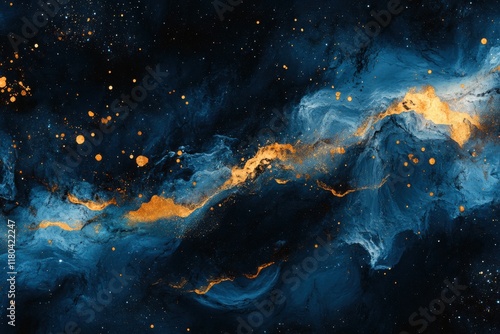 Abstract cosmic artwork: swirling blues and golds evoke a celestial dreamscape.
