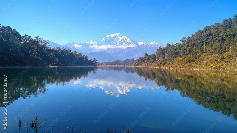 Serene Lake Reflecting Snow-Capped Mountains Under Clear Blue Sky Serene Lake Reflecting Snow-Capped Mountains Under Clear Blue Sky