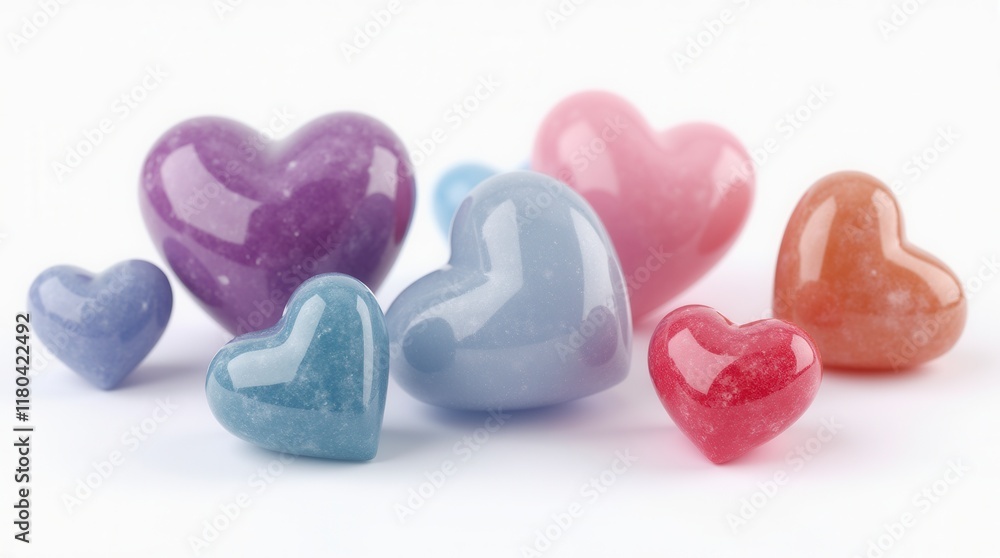 Fototapeta premium Set Collection Of Beautiful Realistic Heart Shape Crystals In Different Colours Isolated On White Background