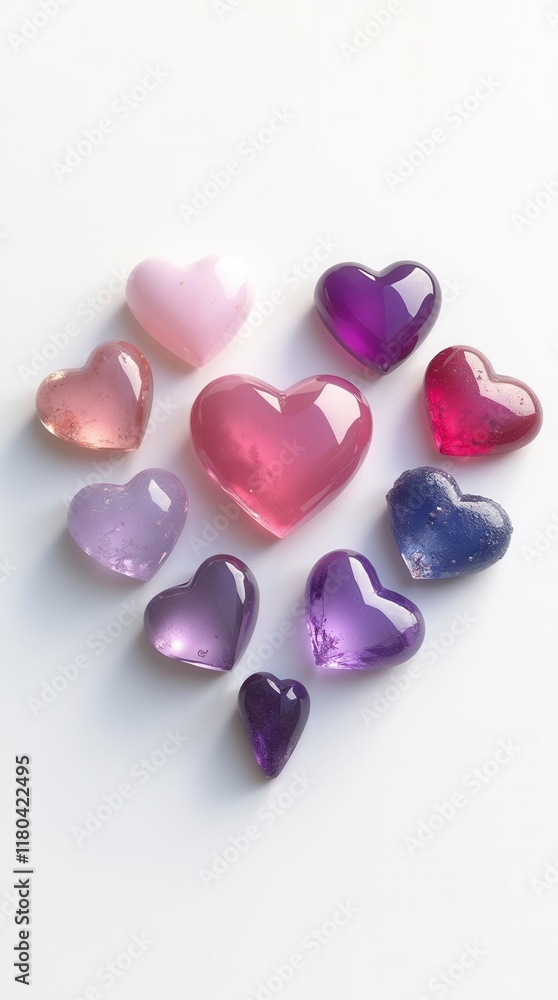 Set Collection Of Beautiful Realistic Heart Shape Crystals In Different Colours Isolated On White Background Set Collection Of Beautiful Realistic Heart Shape Crystals In Different Colours Isolated On White Background