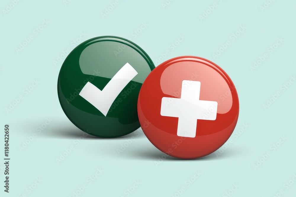 Obraz premium Two buttons, one green with a check mark and the other red with a white cross
