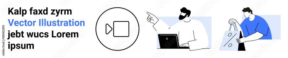 Businessman pointing at laptop screen, another character carrying shopping bags. Ideal for remote work, e-commerce, business collaboration, online shopping, web design, communication, tech industry Businessman pointing at laptop screen, another character carrying shopping bags. Ideal for remote work, e-commerce, business collaboration, online shopping, web design, communication, tech industry