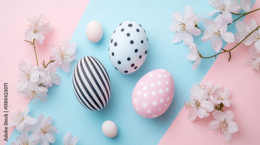 Stylish Easter Eggs on Colorful Background with Cherry Blossoms Stylish Easter Eggs on Colorful Background with Cherry Blossoms
