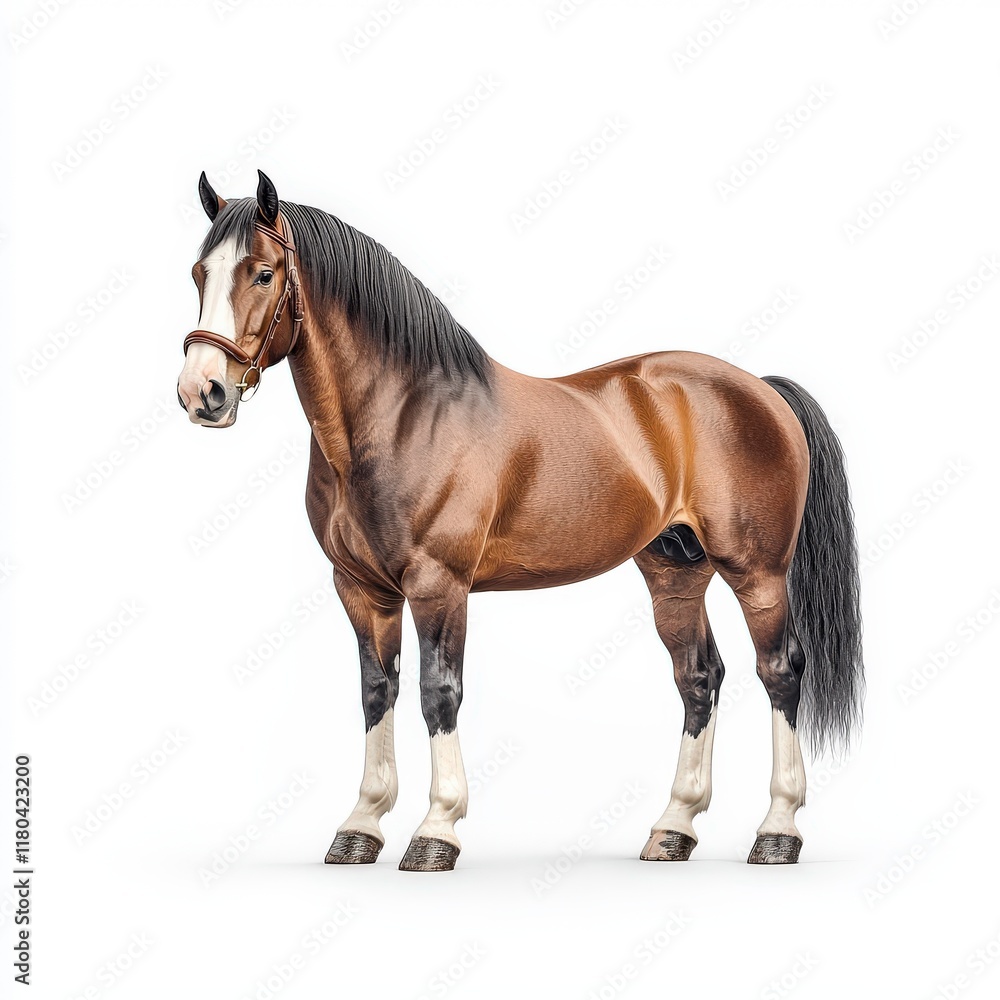 Obraz premium A stunning brown Hackney horse stands gracefully against a white background, showcasing its strong physique and elegant features.
