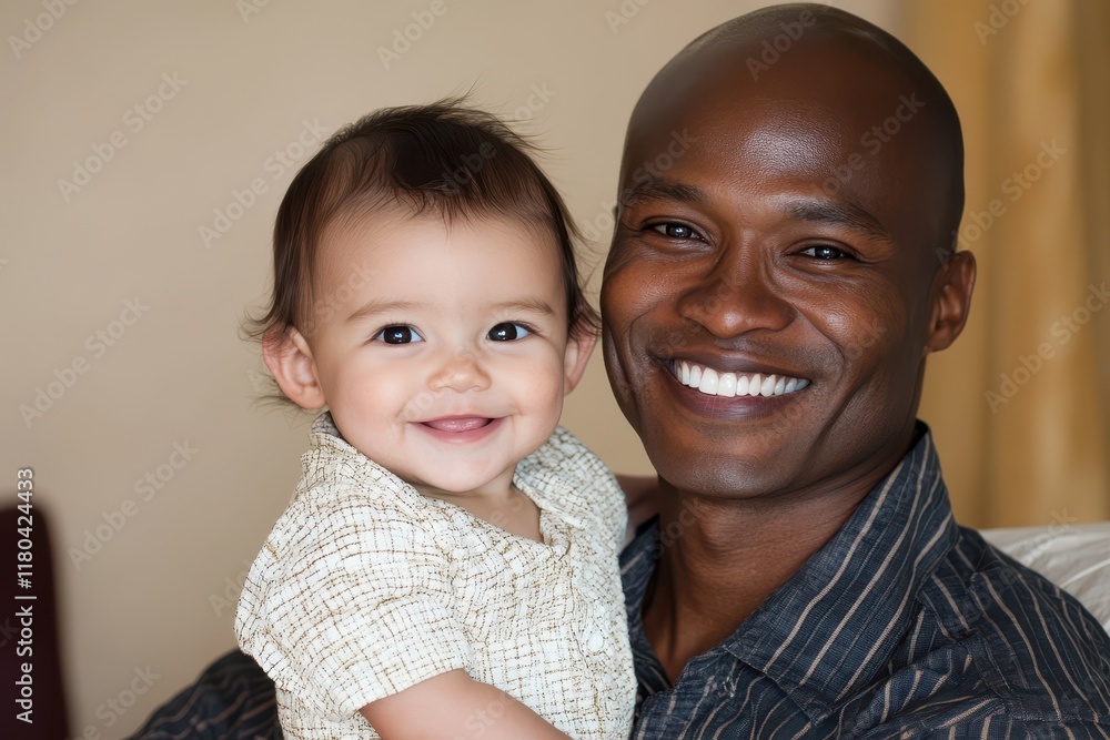 Biracial baby grinning for the camera while African American father beams Biracial baby grinning for the camera while African American father beams